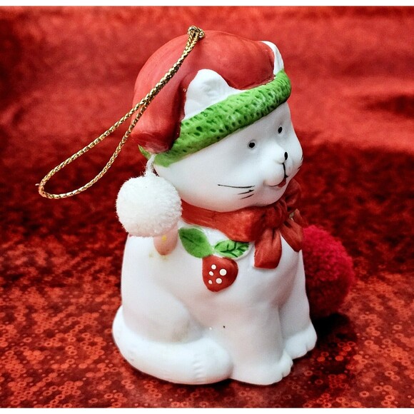 Cat Porcelain Bell Ornament Christmas Ring-A-Lings BOA 1988 Hat Scarf Fluff Tail - Picture 3 of 11
